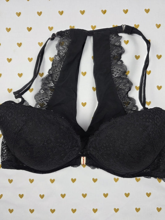 Victorias Secret Black Front Close Racerback Lacey Bra 34D Push Up