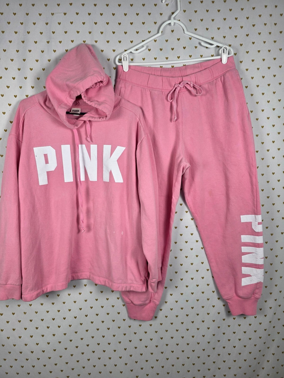 Victorias Secret Pink Large XL Hoodie Sweats Logo SET outfit Sweatpants 2pc