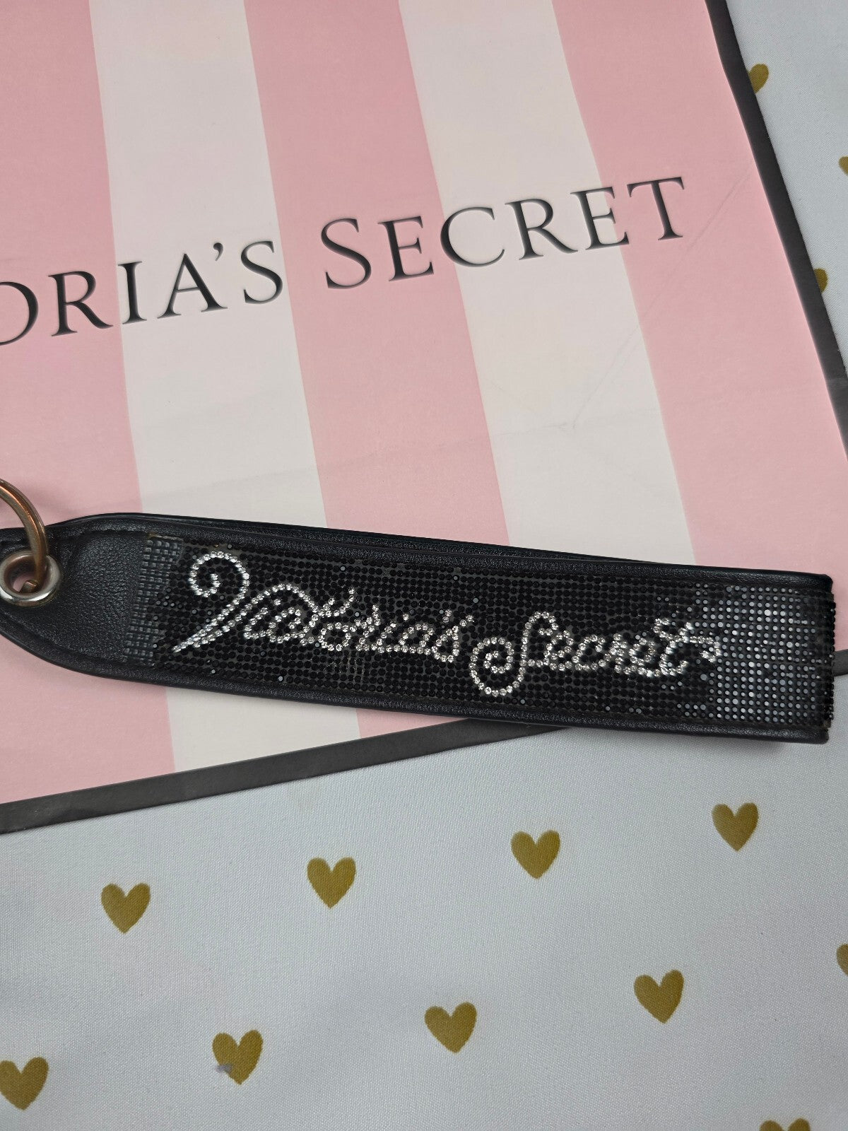 Victoria Secret BLING wristlet strap keychain Logo Studded Handle Rhinestone