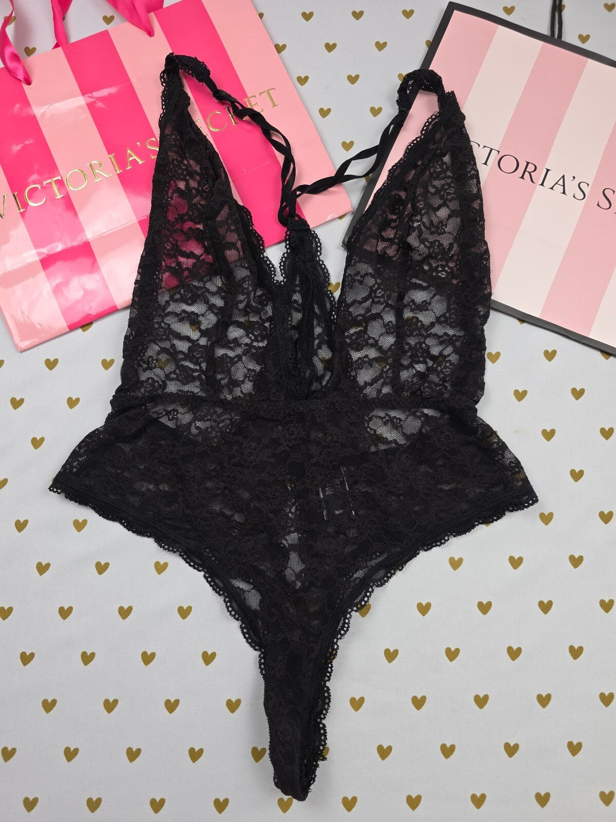 Victorias Secret Sexy Black Stretch Lace Teddy Thong Bodysuit Medium