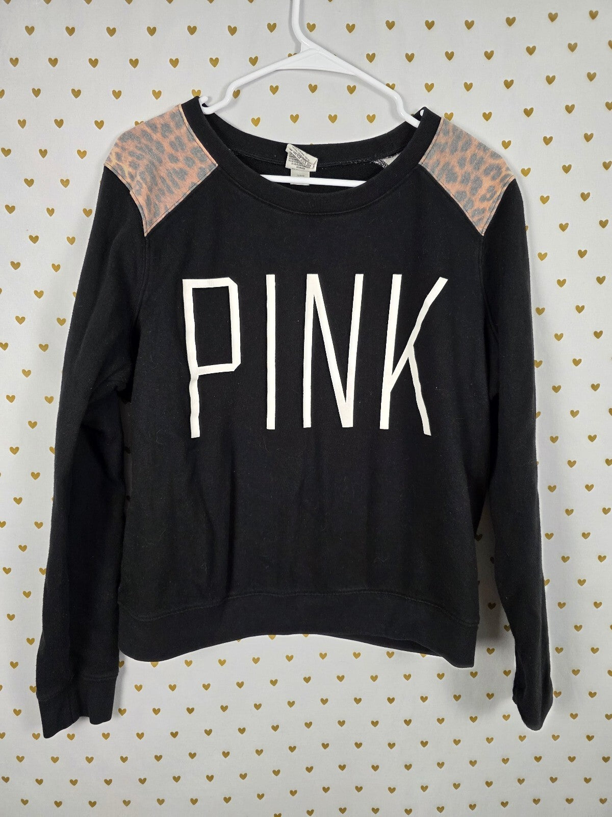 Victorias Secret Pink Leopard Print Crew Logo sweater shirt LARGE