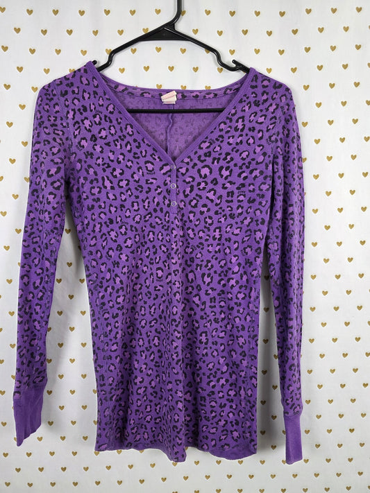 Victoria's Secret PINK Purple Leopard Print Thermal Henley Long Sleeve XS TP