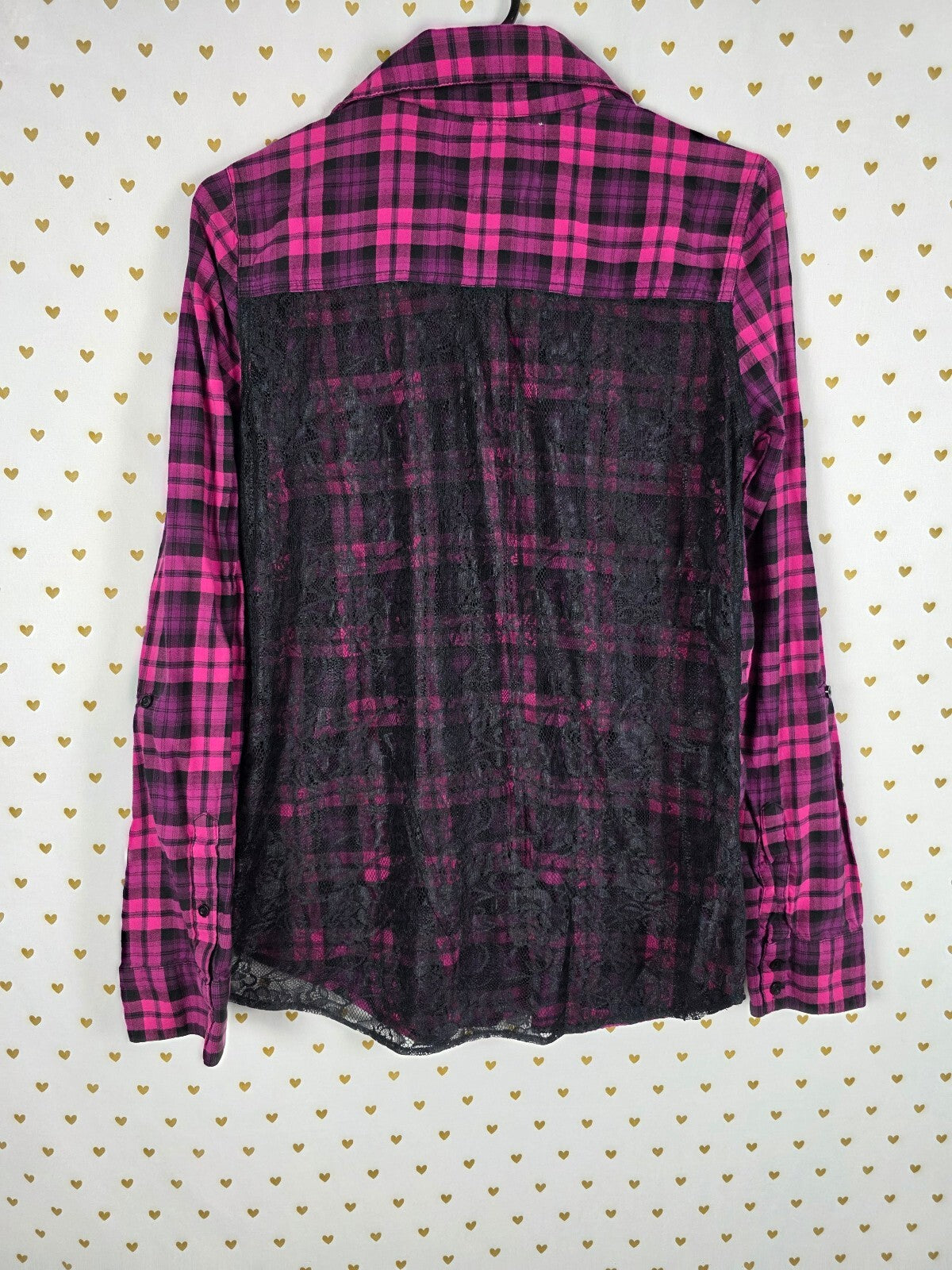 Victoria's Secret PINK Plaid Lace Back Button Down Shirt M Pink Black