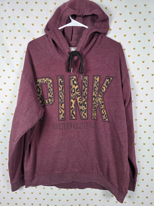 Victorias Secret Pink Maroon Pullover Leopard Cheetah Logo Sweater Shirt LARGE
