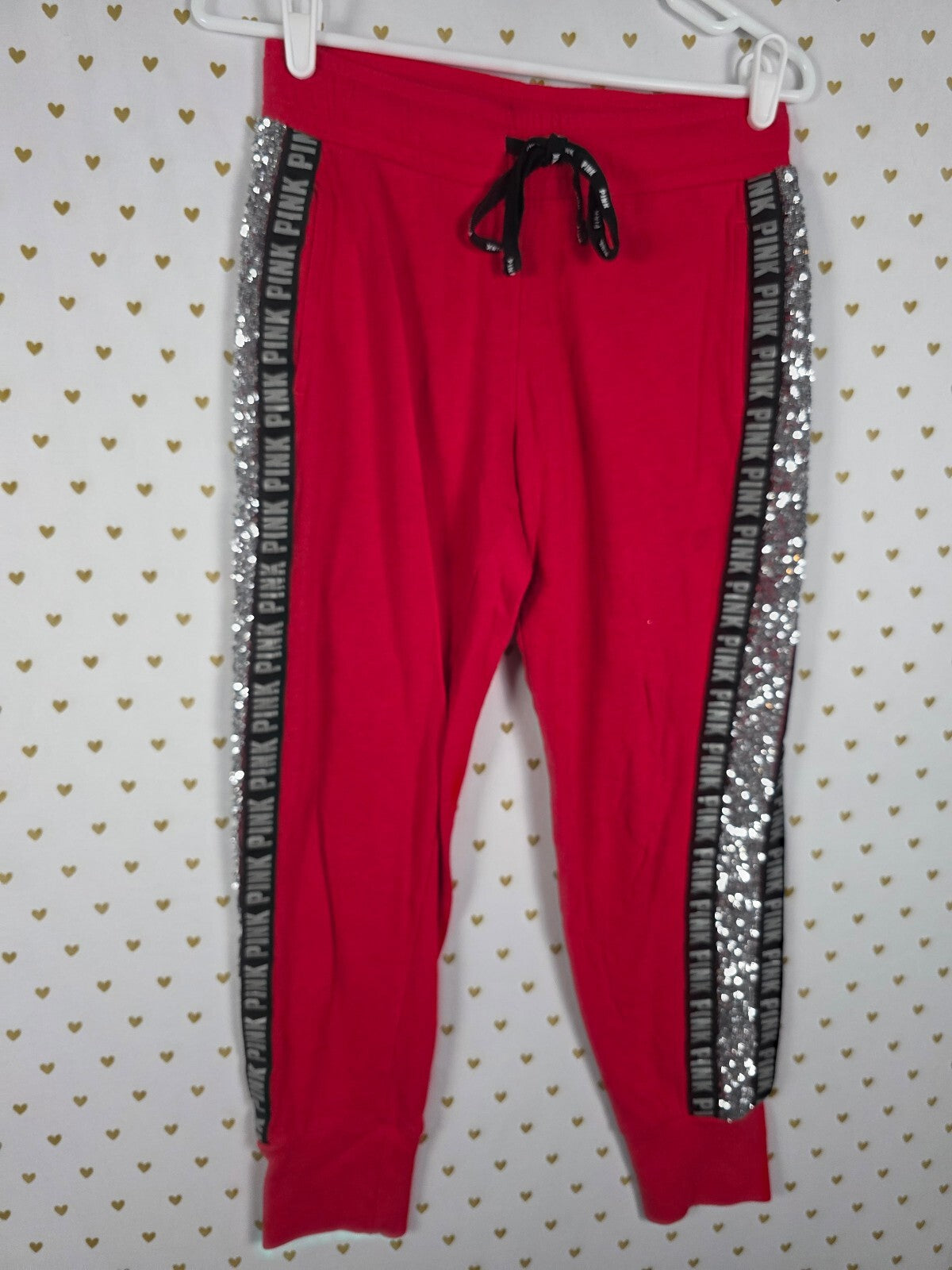 Victorias Secret Pink Red BLING Dog Logo SET Hoodie Sweatpants SM MEDIUM HTF 2pc