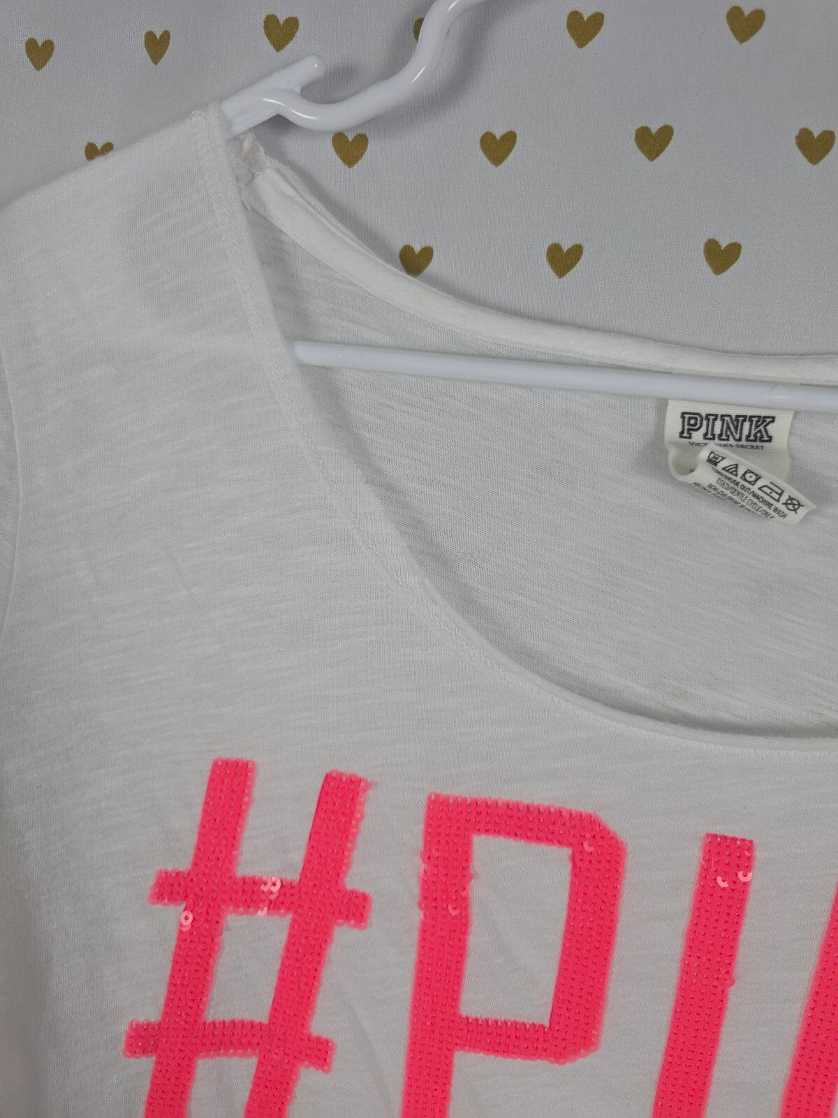 Victoria's Secret PINK Sequin #PINK Tee Large White Neon Pink BLING Logo Shirt