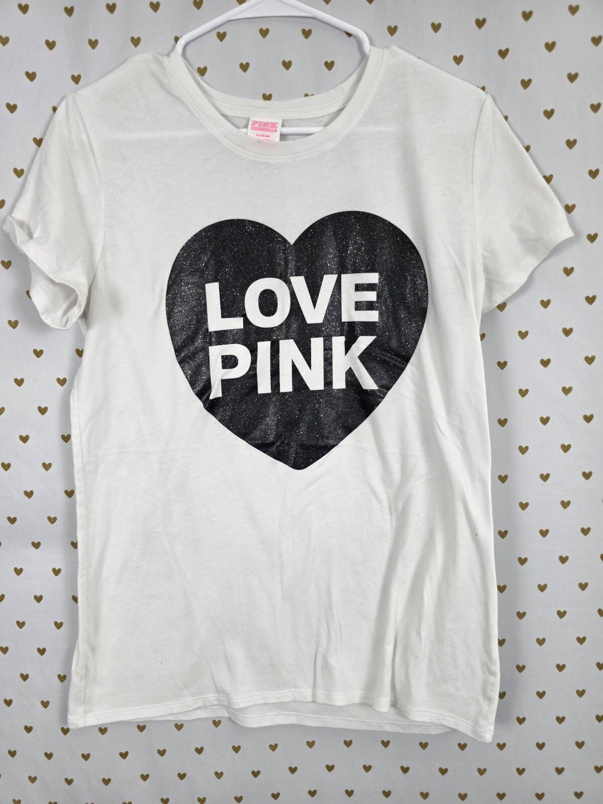 Victorias Secret PINK Campus Originals Glitter Heart White Tee shirt Logo Medium