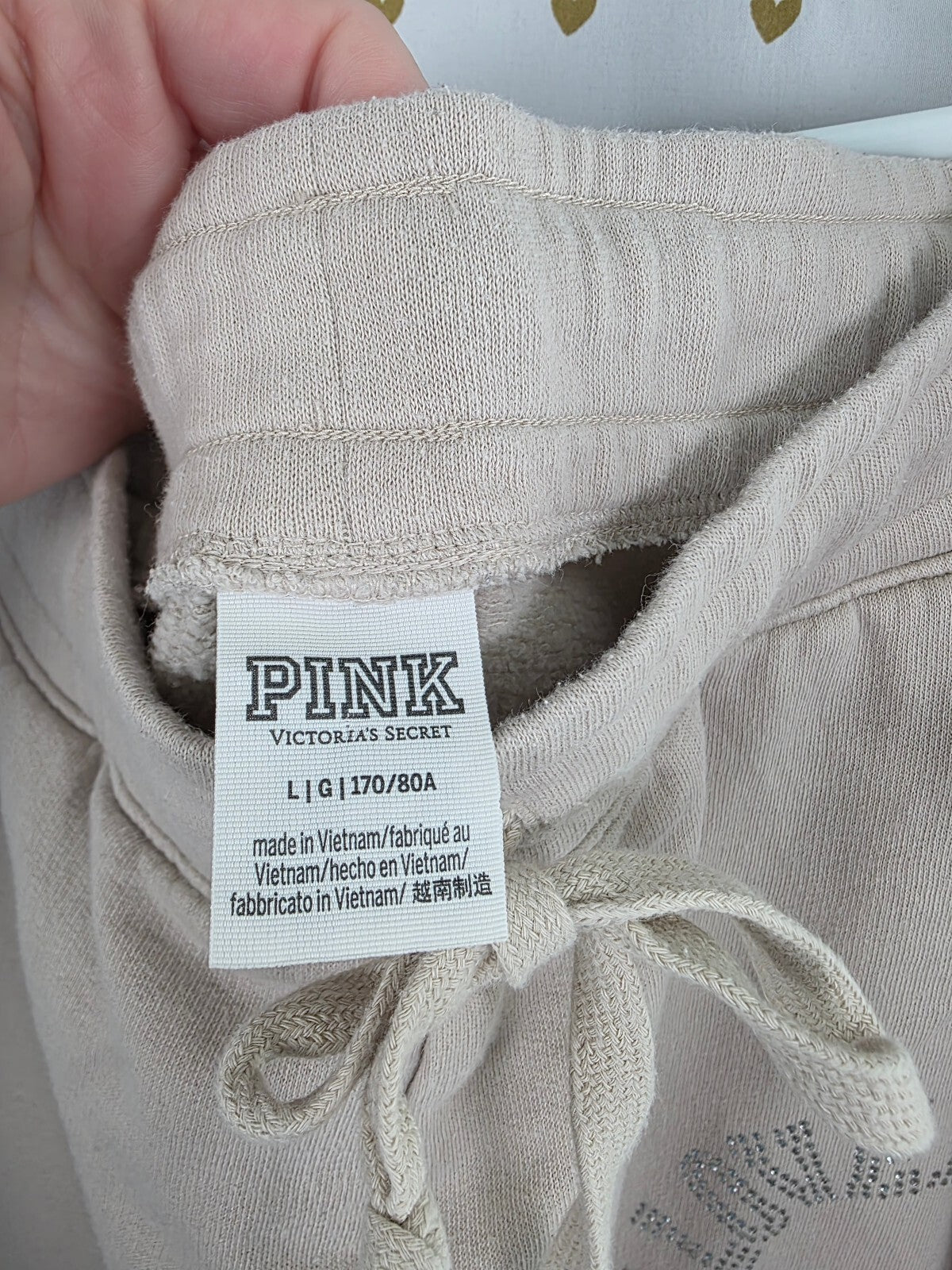 Victorias Secret PINK Bling Studded Logo Sweats Tapered Beige Large