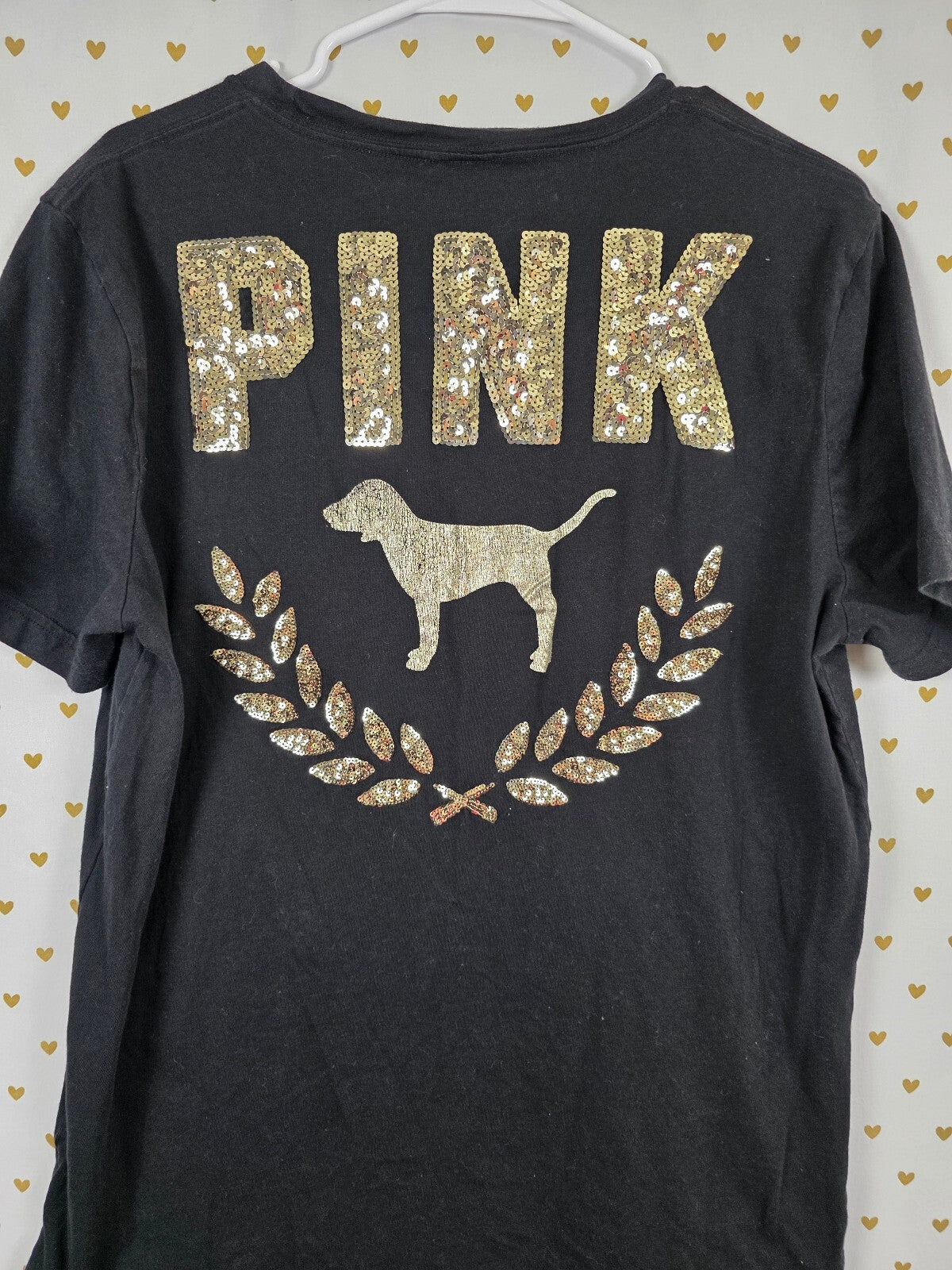 Victorias Secret PINK Gold Bling Sequined Crest Tee shirt Large