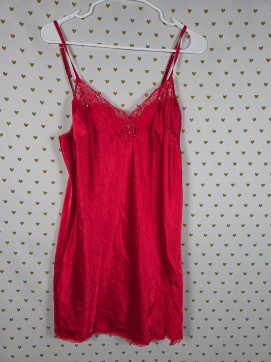 Victorias Secret Red Satin Slip Dress Chemise Nightie Lingerie Medium BLING