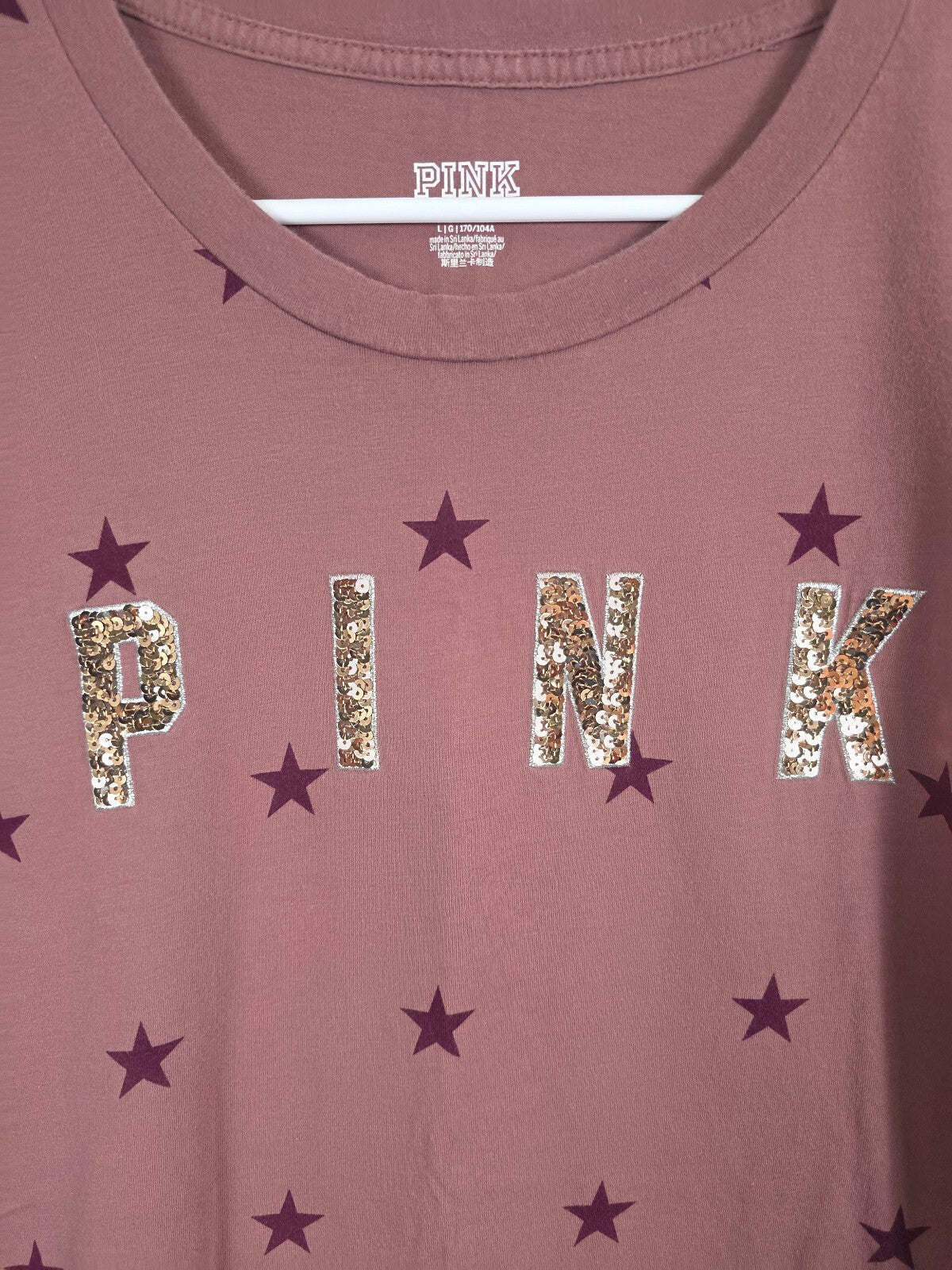 Victorias Secret PINK Star BLING Gold Sequined Large Tee shirt