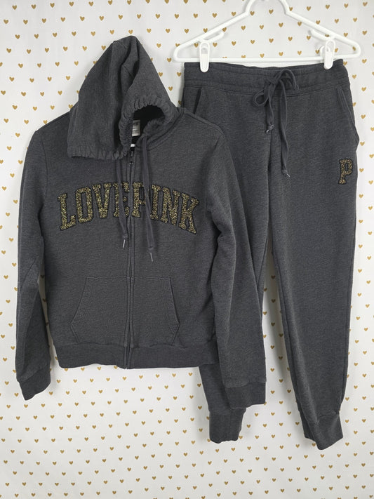 Victorias Secret Pink Love Logo Full Zip Hoodie Grey Sweats Jacket SET Medium