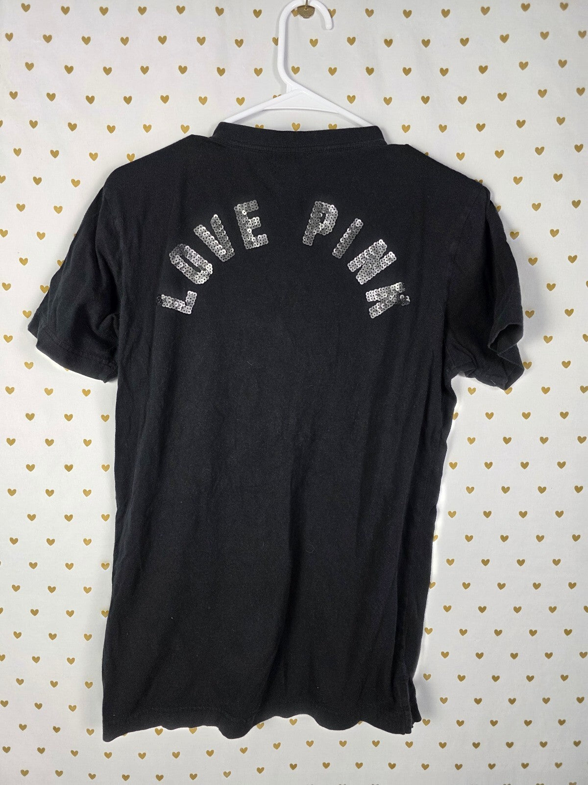 Victorias Secret PINK Matte Bling sequined Lace Front Black Tee shirt XS