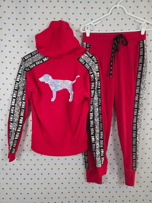 Victorias Secret Pink Red Mermaid Bling Hoodie Jacket Sweats SET XS