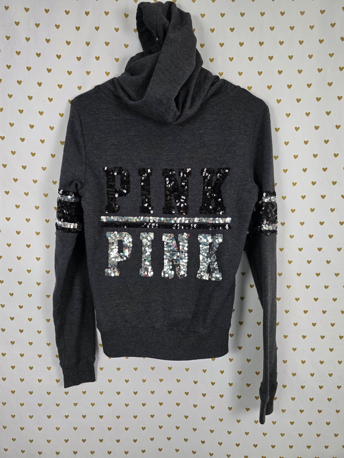 Victorias Secret Pink Bling Sequined Logo Full zip Hoodie Jacket Grey XS
