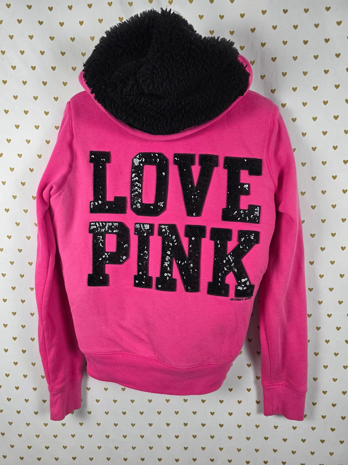 Victorias Secret Pink Fur lIned Bling Sequined Hoodie Jacket Medium Warm