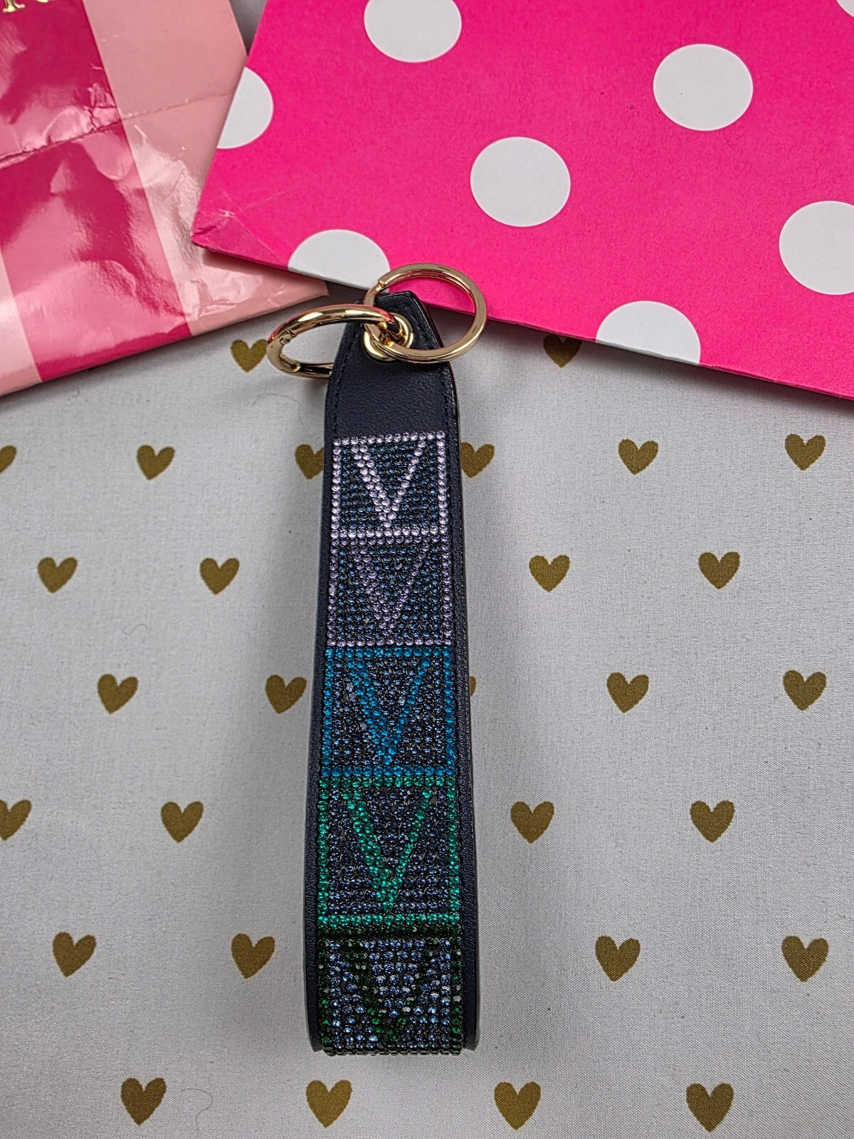 Victoria Secret BLING wristlet strap keychain Studded Rhinestone Logo