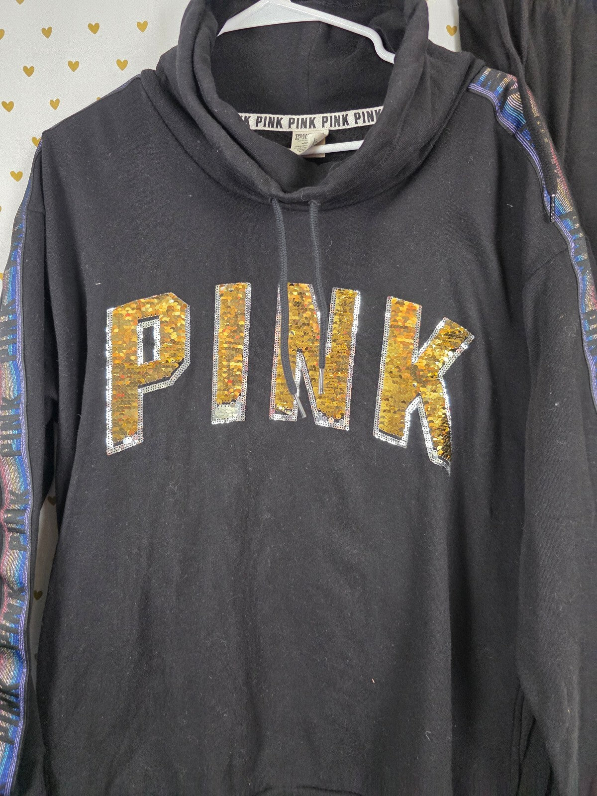 Victoria’s Secret PINK BLING Sequin Hoodie Jogger Set M Rainbow Gold