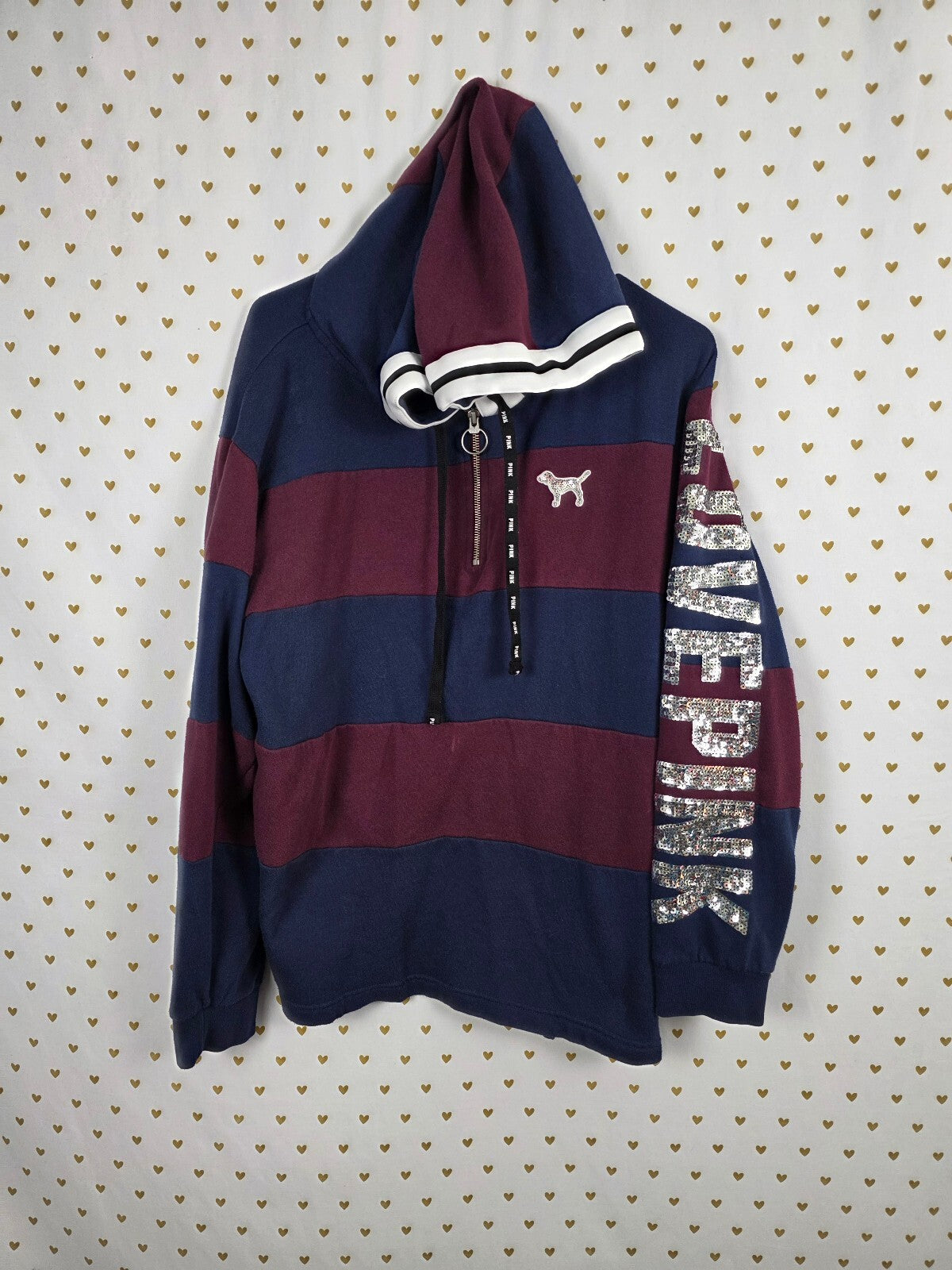 Victorias Secret Pink Bling Dog Logo Striped Hooded Sweater Shirt Medium
