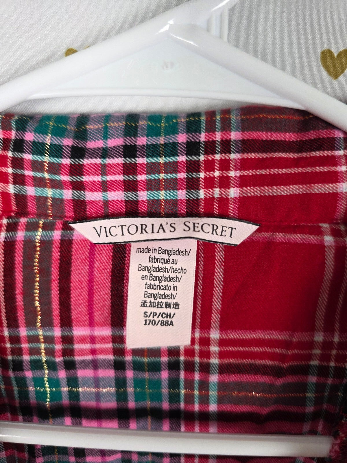 Victoria's Secret Pajama Set S Red Pink Green Plaid Gold Lurex Shorts
