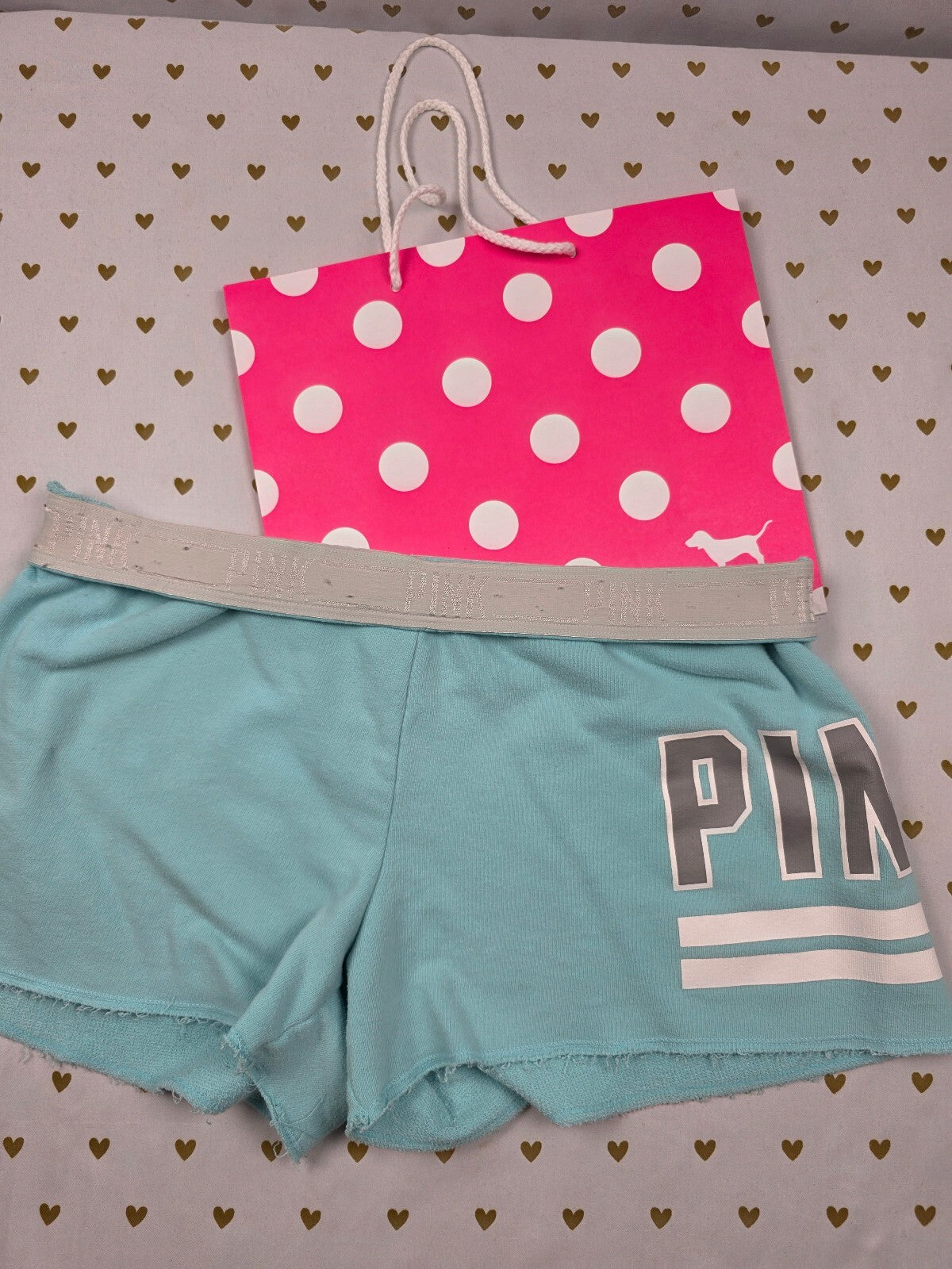 Victorias Secret PINK Vintage Blue Logo Foldover Sweat Shorts MEDIUM