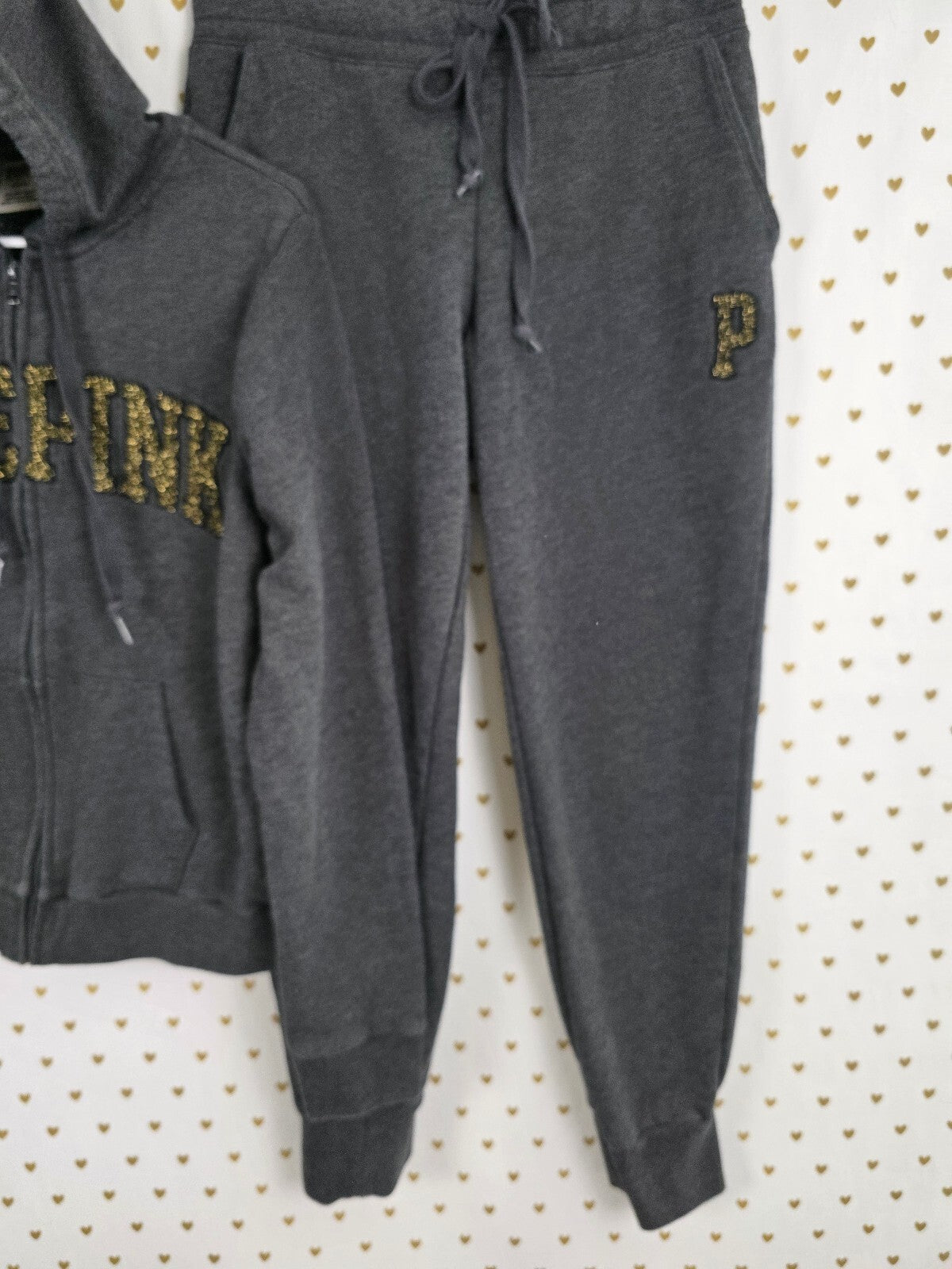 Victorias Secret Pink Love Logo Full Zip Hoodie Grey Sweats Jacket SET Medium