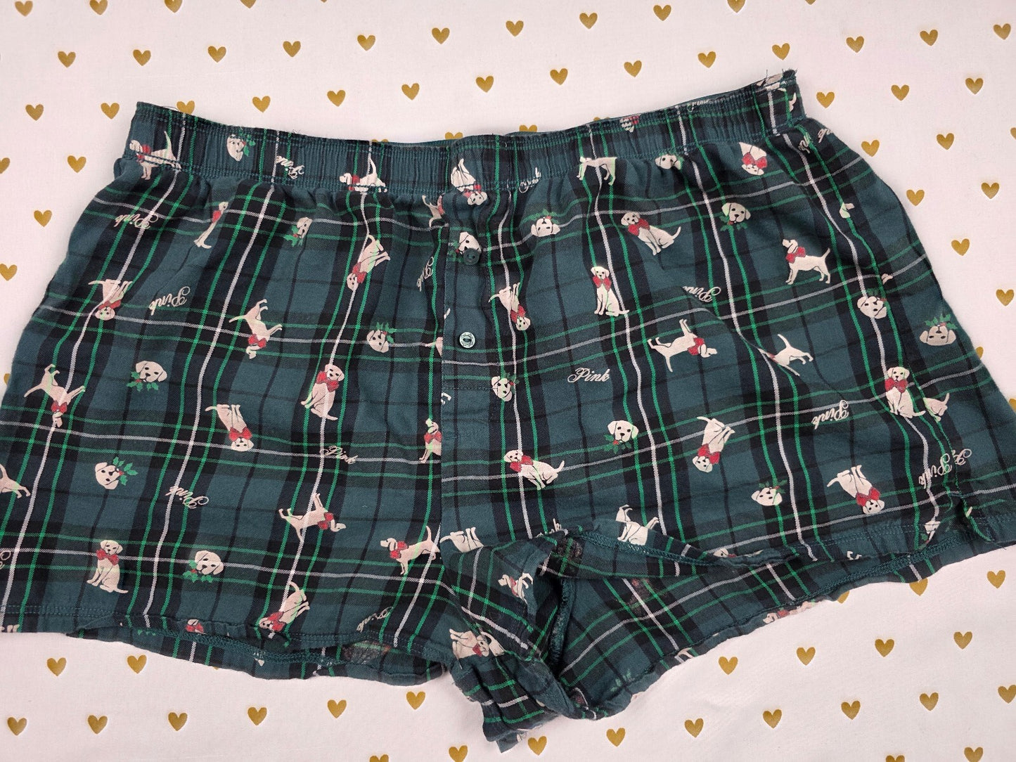 Victorias Secret PINK DOGS Plaid Green MEDIUM Sleep Shorts Boxers Pajama Bottoms