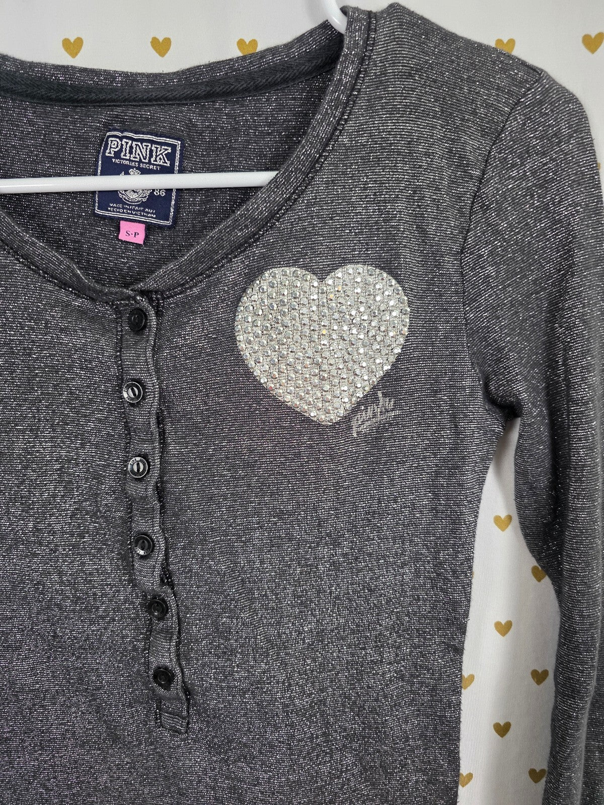 Vintage Victoria’s Secret PINK Metallic Rhinestone Heart Henley Top S/P BLING