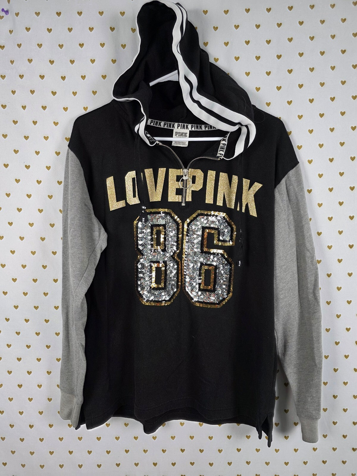 Victorias Secret Pink 86 BLING Sequined Pullover Quarter zip Hoodie Sweater SM