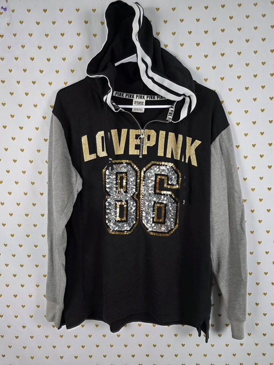 Victorias Secret Pink 86 BLING Sequined Pullover Quarter zip Hoodie Sweater SM