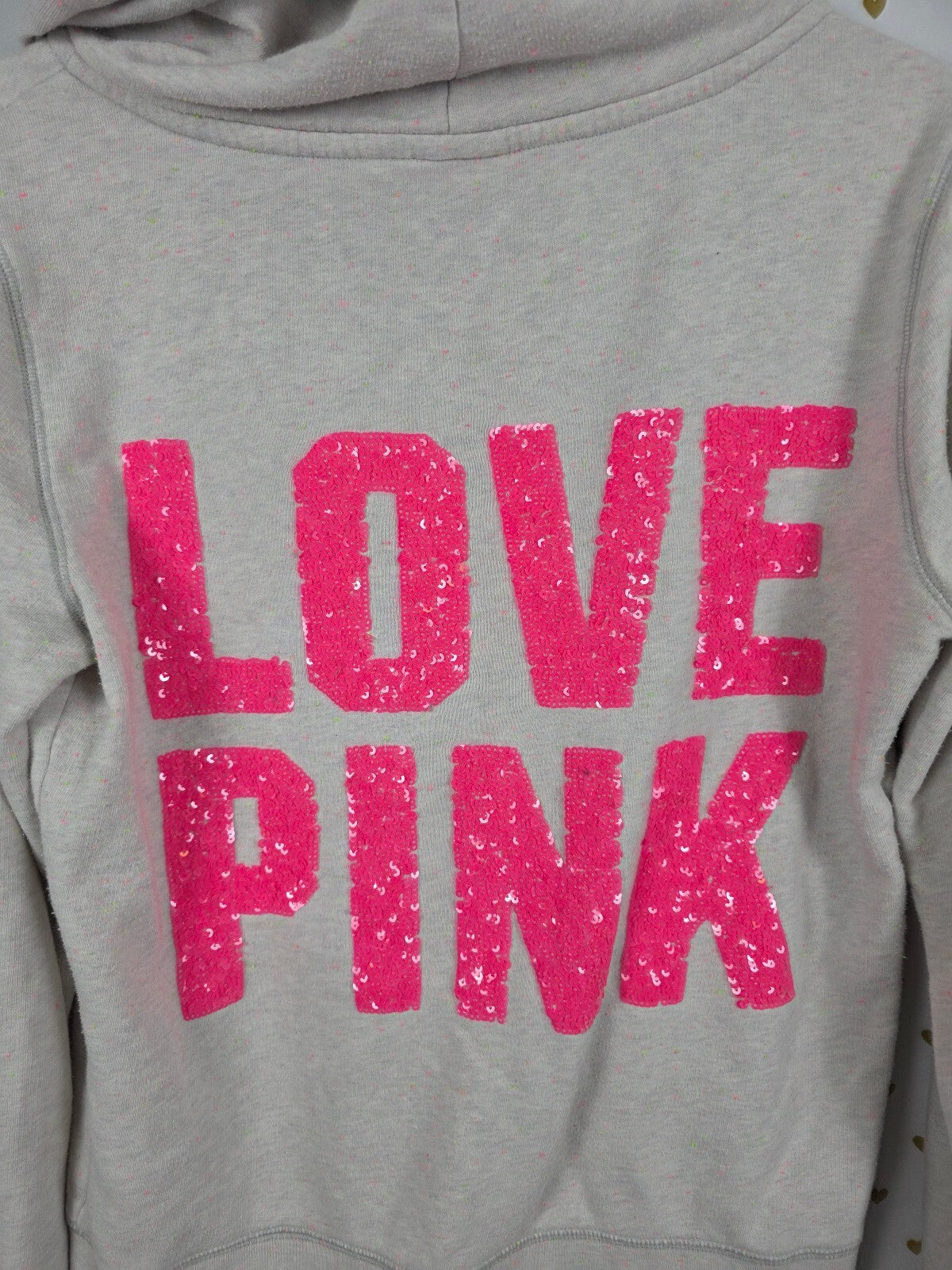 Victoria's Secret PINK Vintage Sequin LOVE PINK Hoodie Gray Neon Speckle M