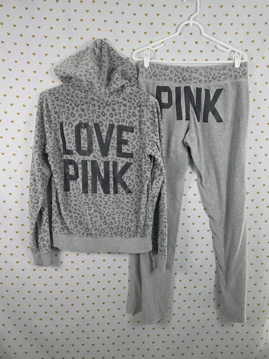 RARE Vintage VS PINK Velour Tracksuit Set Leopard LOVE PINK Hoodie Pants M