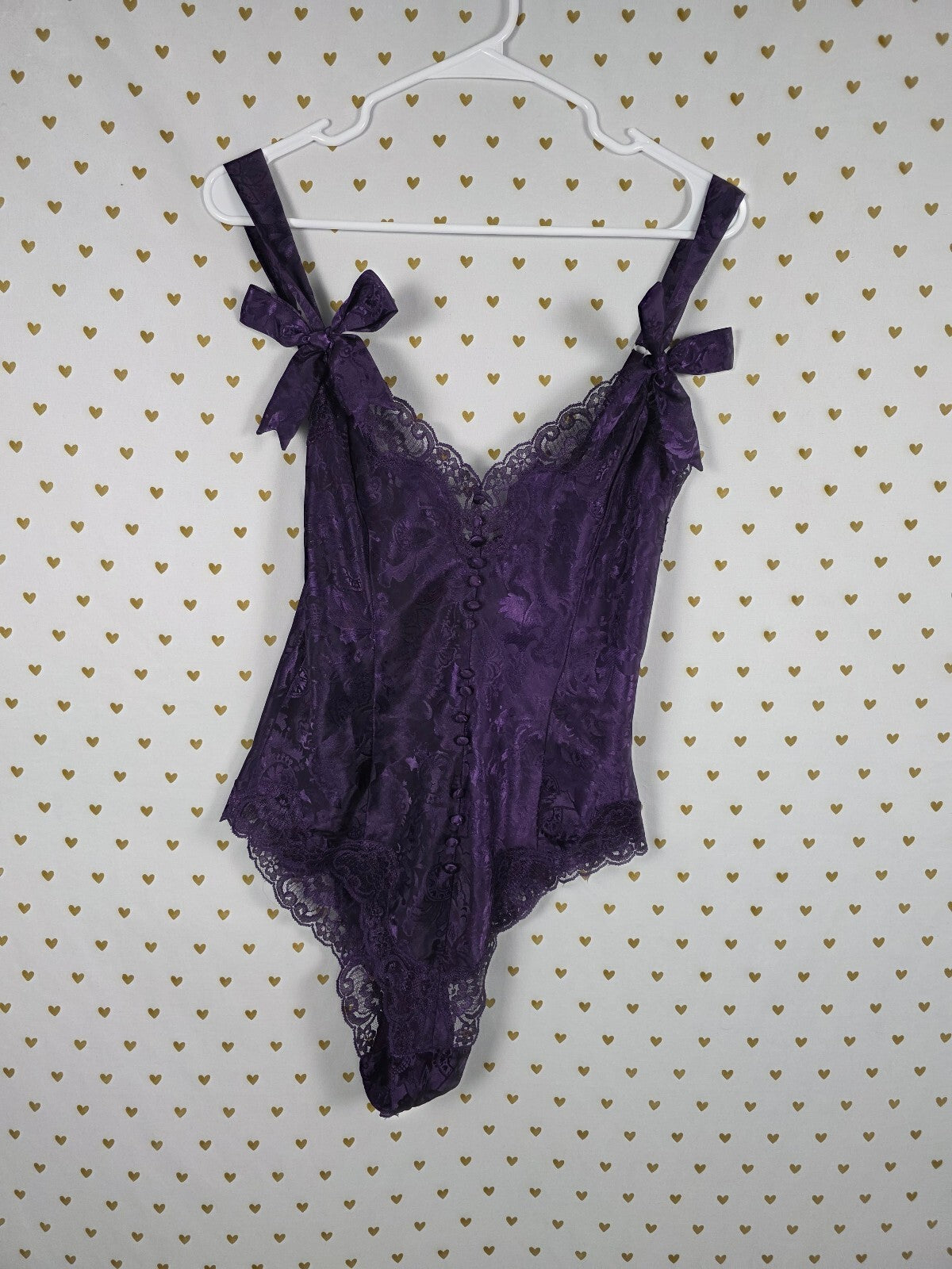 Vintage Victoria's Secret Gold Label Purple Jacquard Teddy Bodysuit S Bows
