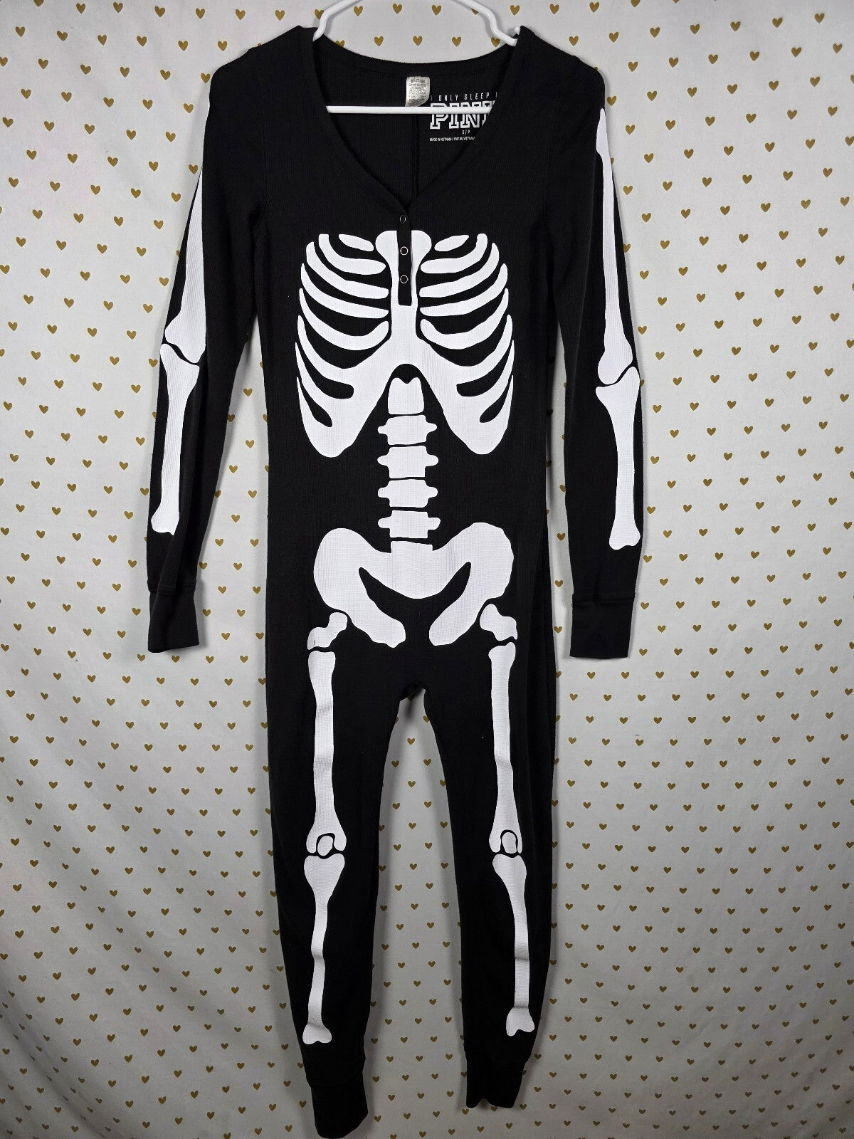 Victoria's Secret PINK Skeleton Thermal Union Suit One Piece Pajamas Black S