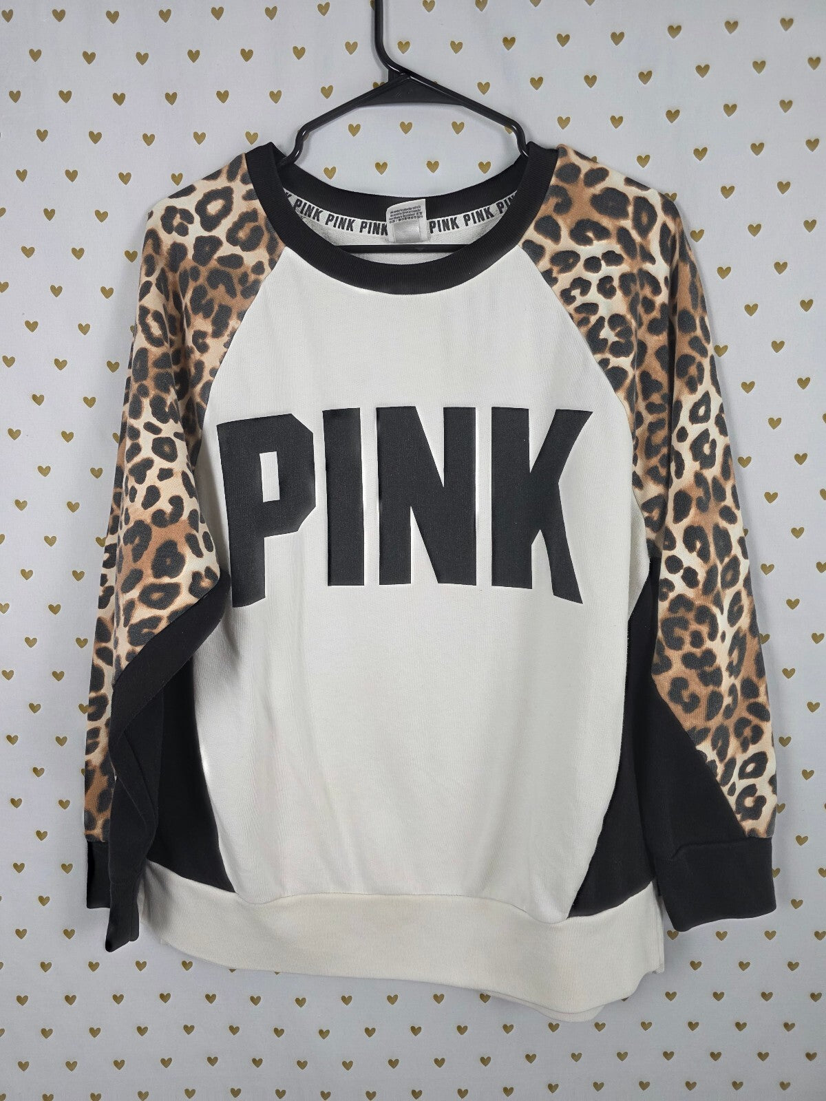 Victorias Secret Pink Leopard cheetah Raglan Crew Sweater Logo MEDIUM