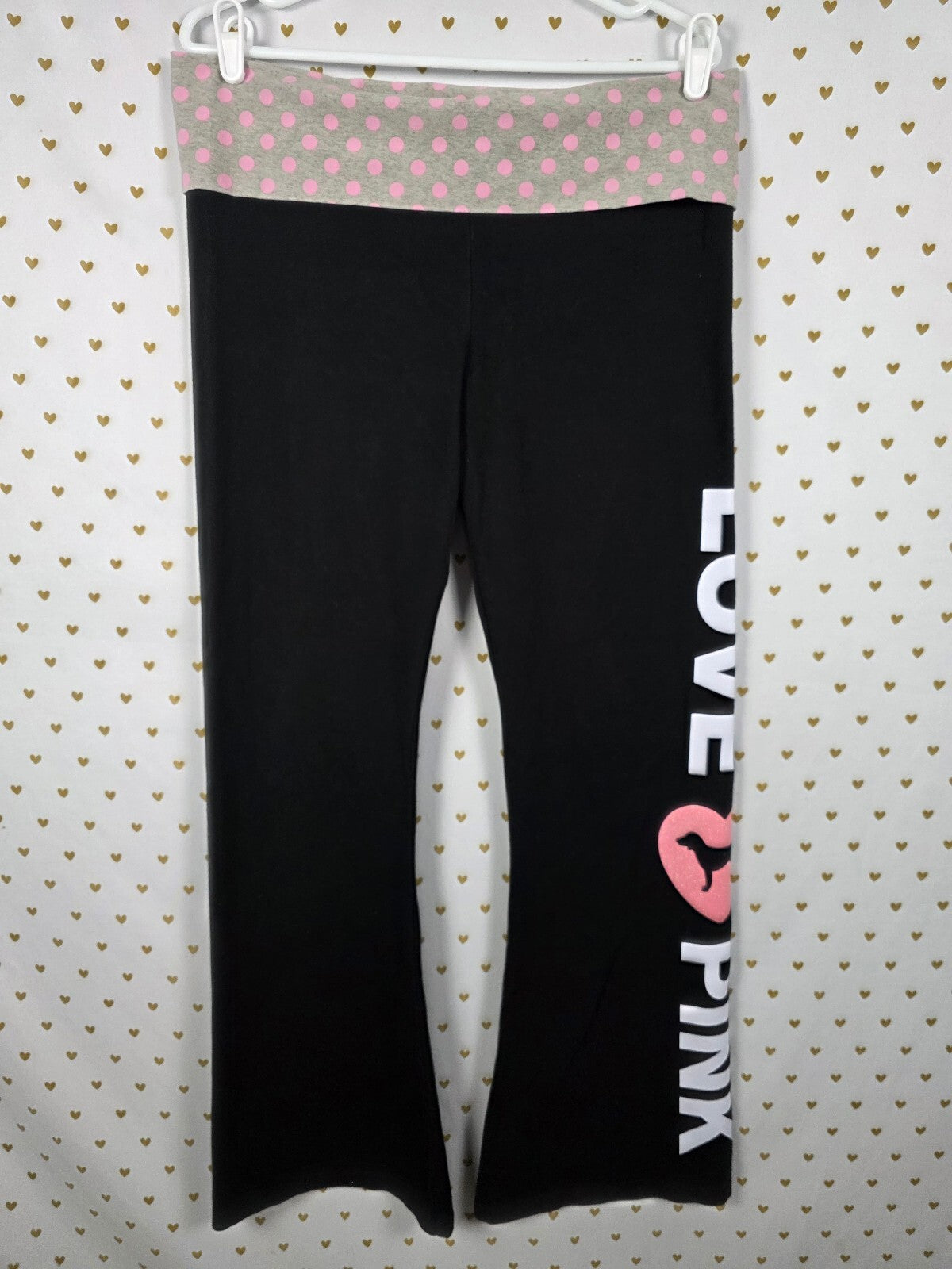 PINK Victoria's Secret Foldover Yoga Pants Campus Originals Polka Dot LOVE Flare
