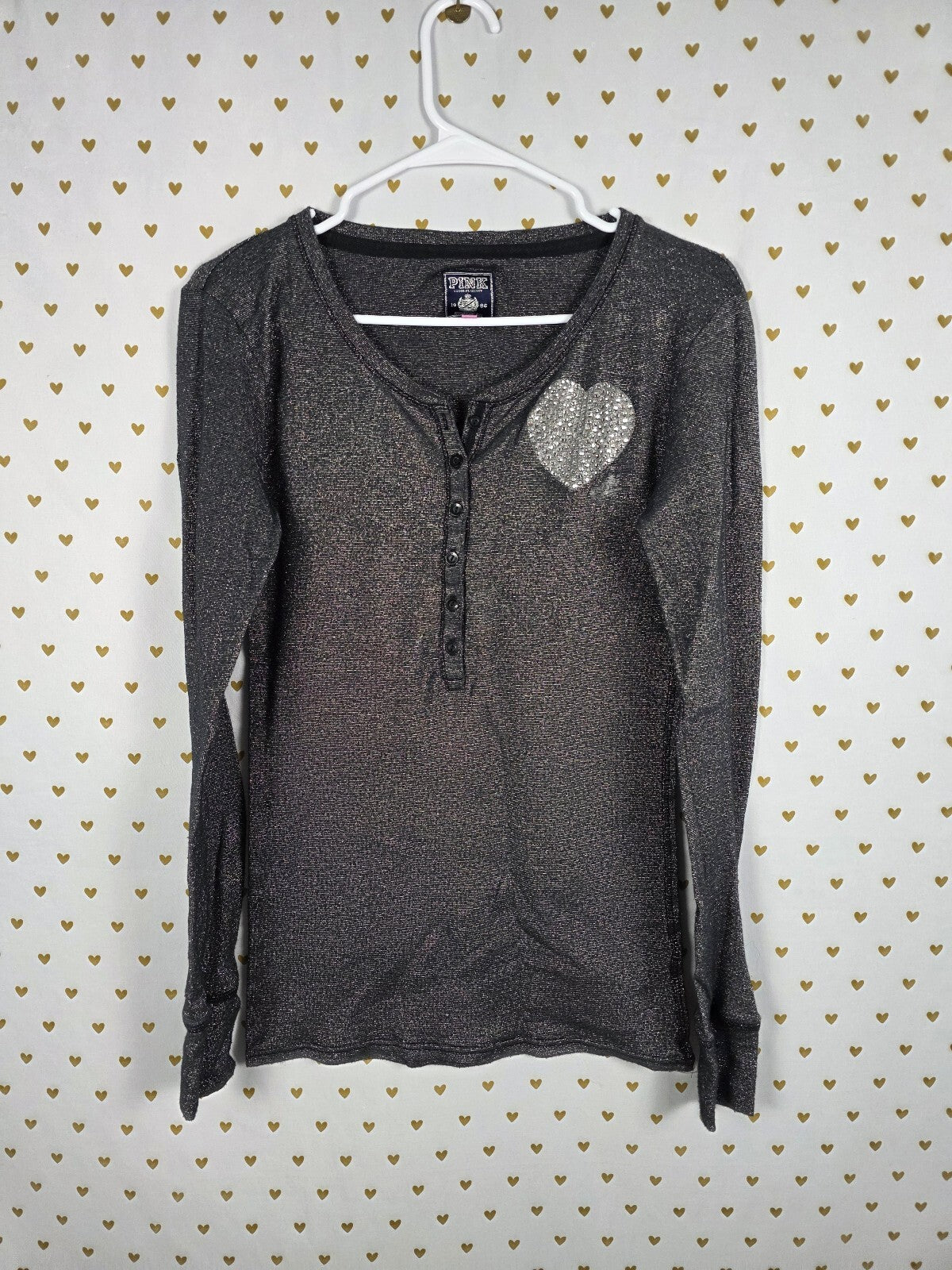 Victorias Secret PINK Vintage SHIMMER Heart BLING HENLEY Long Sleeve Button L