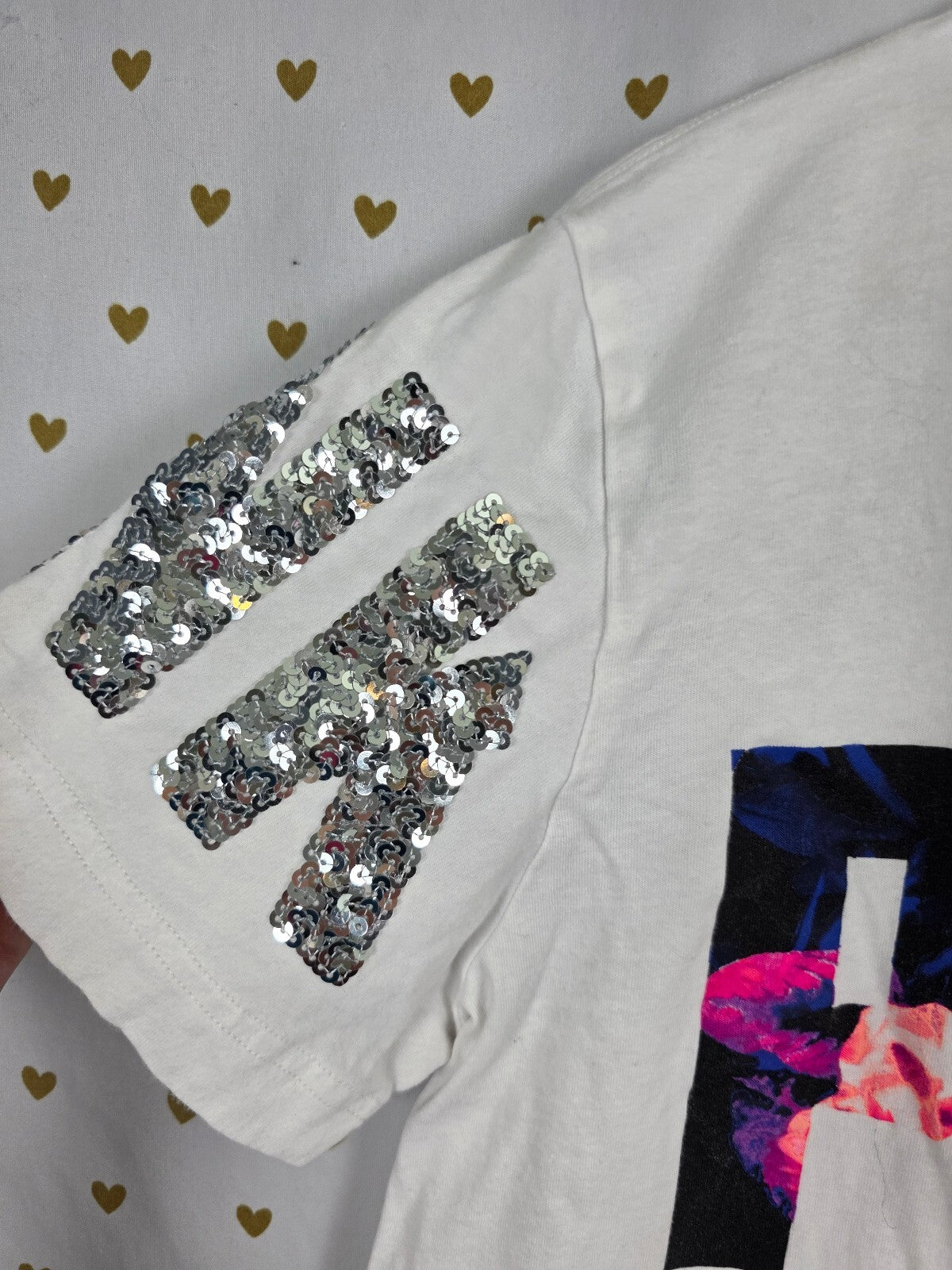 Victorias Secret PINK Floral White Bling tee shirt Sequined XS