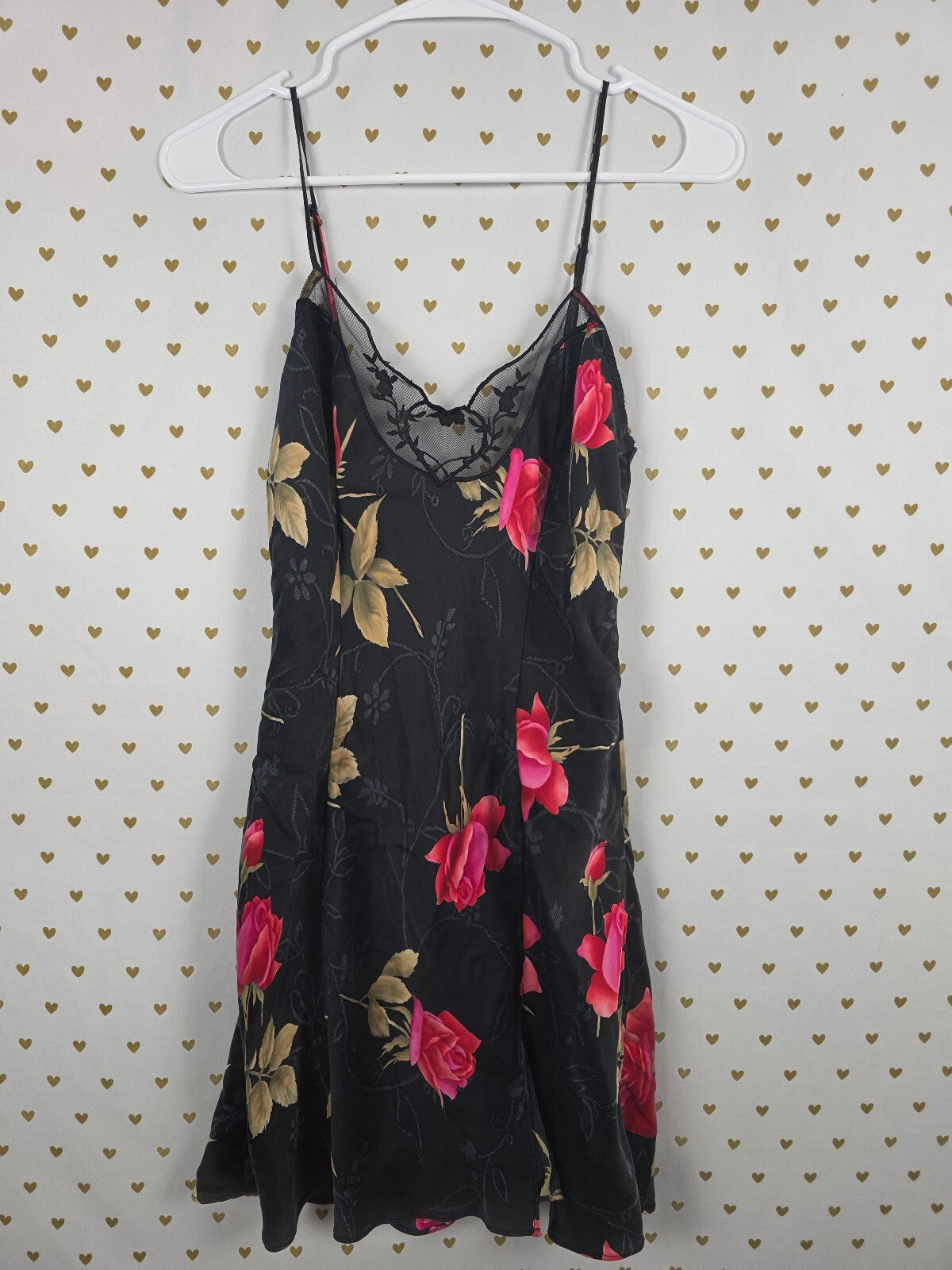 Vintage Victoria's Secret 100% Silk Slip Dress M Black Pink Rose Floral Lace