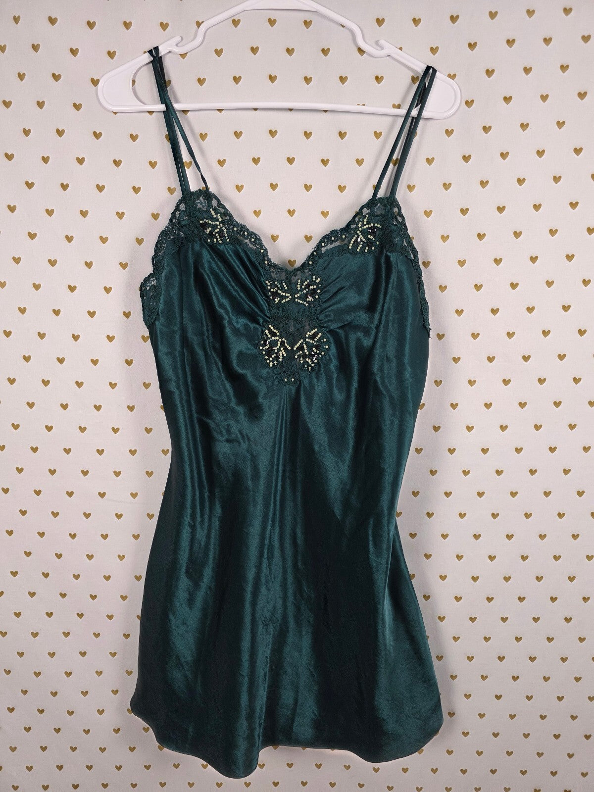 Vintage Victoria's Secret Slip Dress M Emerald Green Satin Lace Beaded Sequin