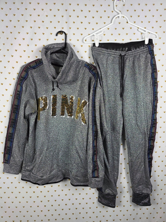 Victoria's Secret PINK Shimmer Flip Sequin Rainbow Sweater Sweats Set SM BLING