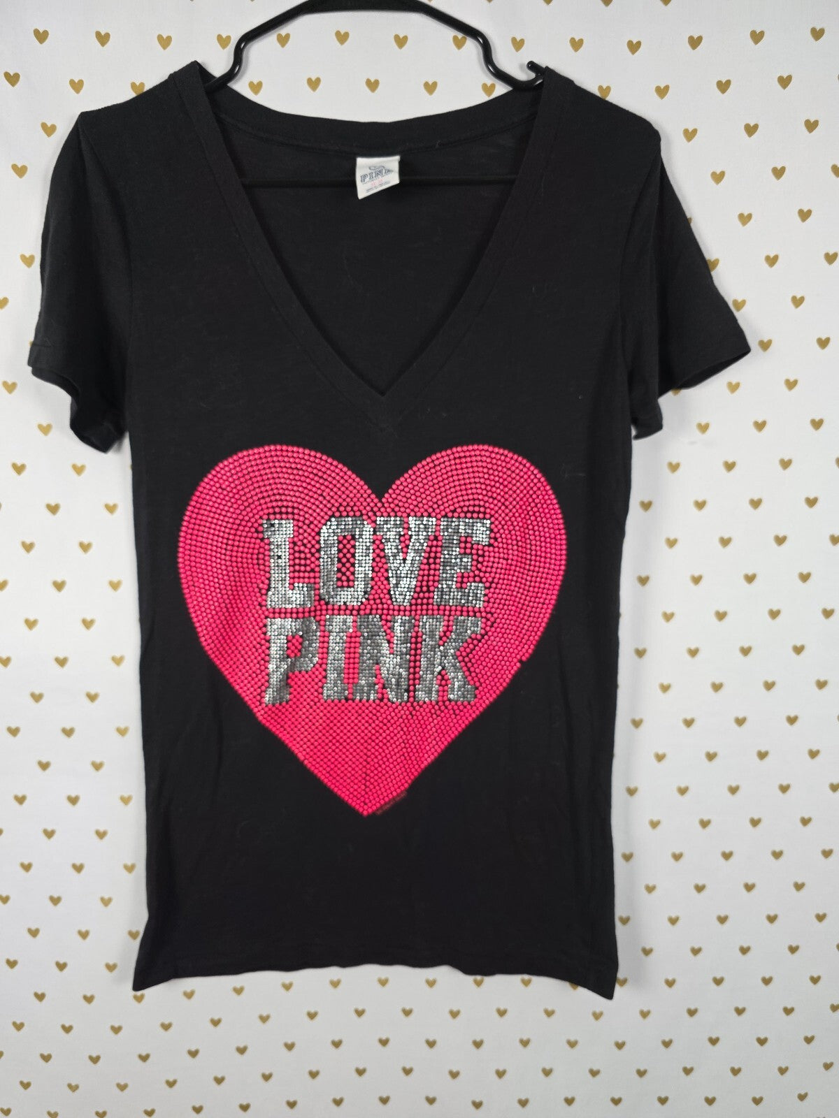 Victorias Secret PINK VINTAGE Y2k BLING Studded Heart LOVE V neck Tee shirt MED