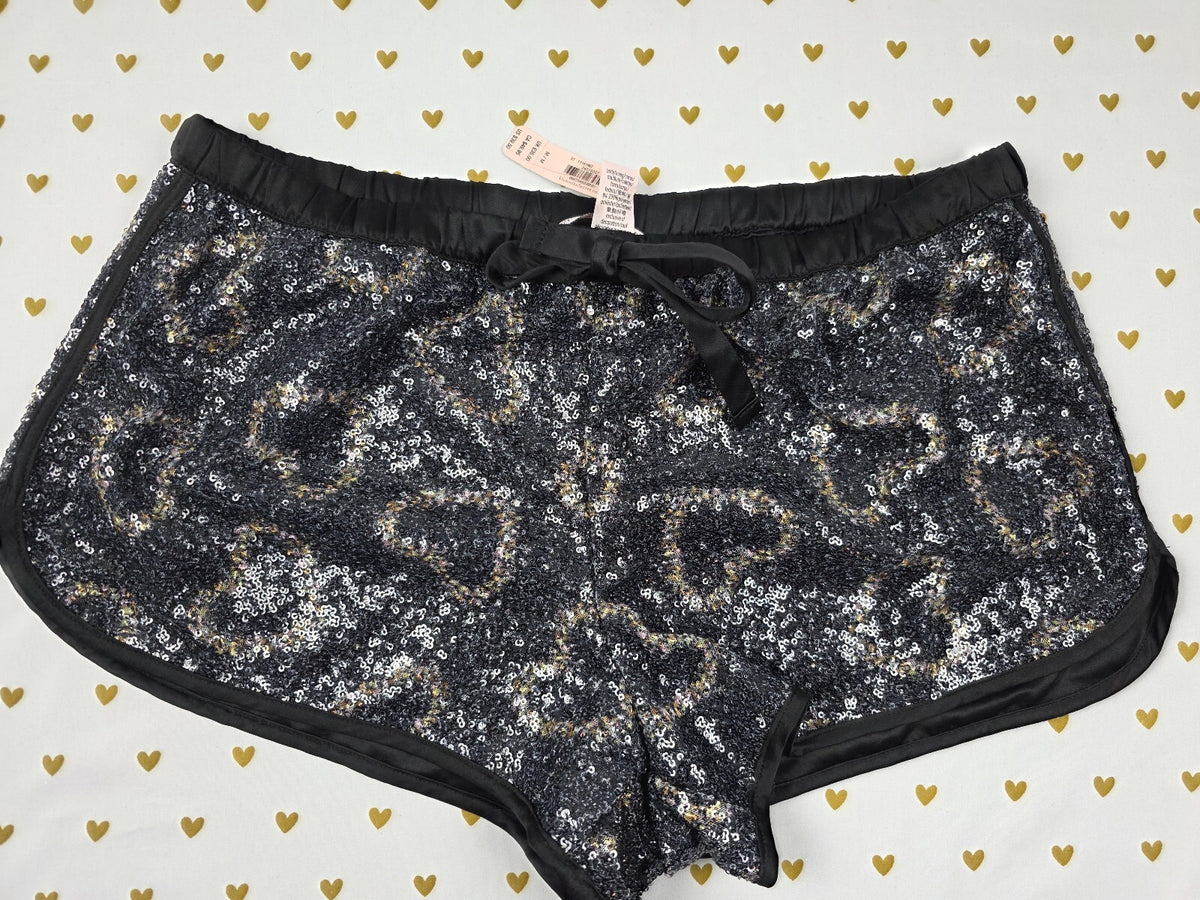 Victoria's Secret NWT Black Sequin Leopard Lounge Sleep Shorts Satin Heart M