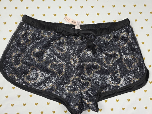 Victoria's Secret NWT Black Sequin Leopard Lounge Sleep Shorts Satin Heart M
