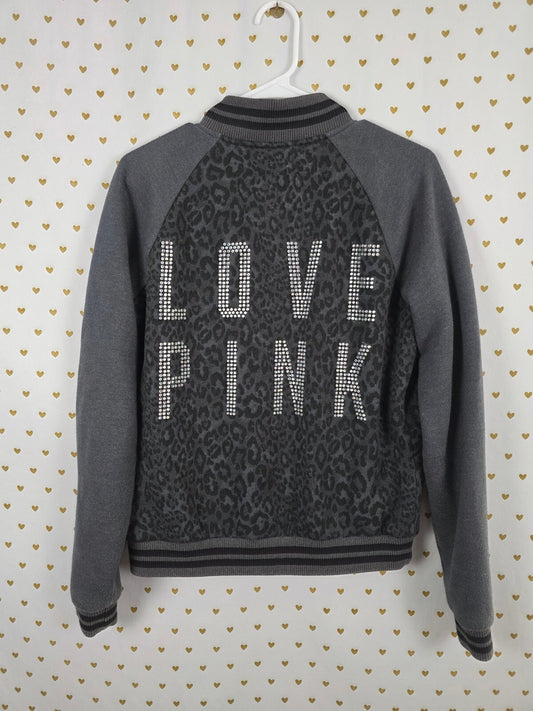 Victorias Secret Pink BLING CHEETAH LEOPARD Logo Varsity Bomber Medium