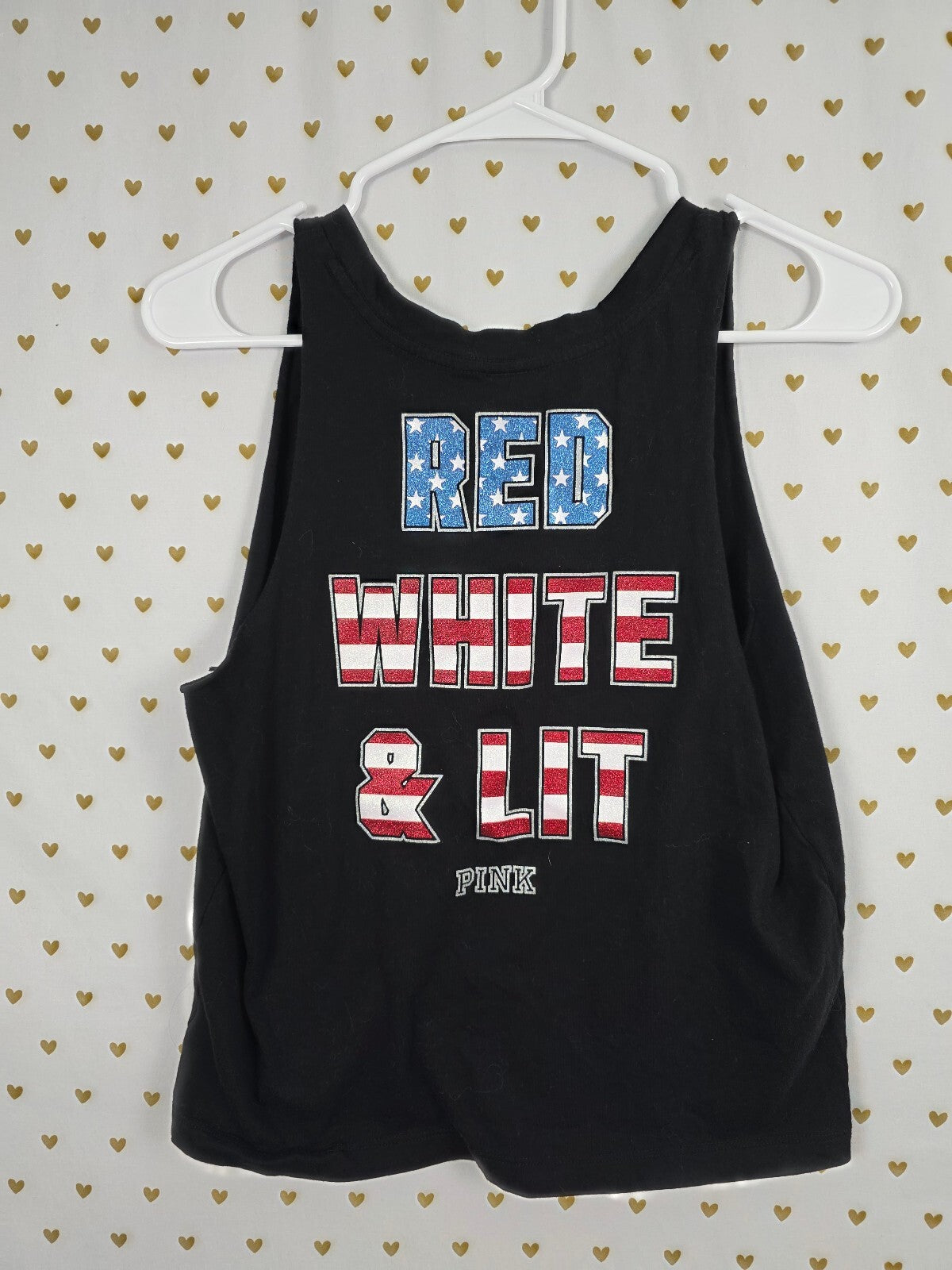 Victorias Secret PINK Glitter Bling USA Merica Red White LIT Tank Top Medium