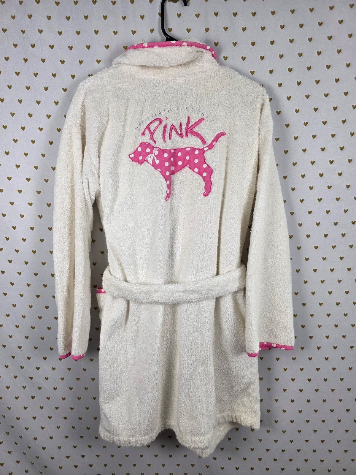 Victoria's Secret PINK Plush Terry Robe White Pink Polka Dot Dog XS/S 2004