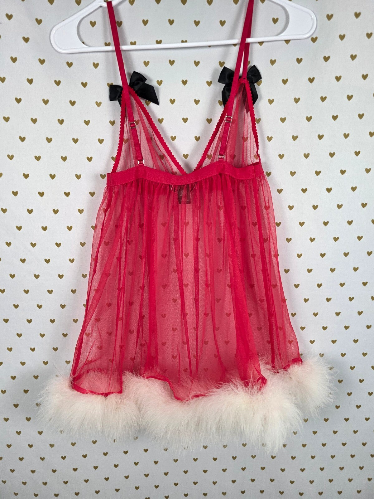 Victoria's Secret Red Heart Mesh Babydoll M Marabou Feather Trim Y2K SANTA XMAS