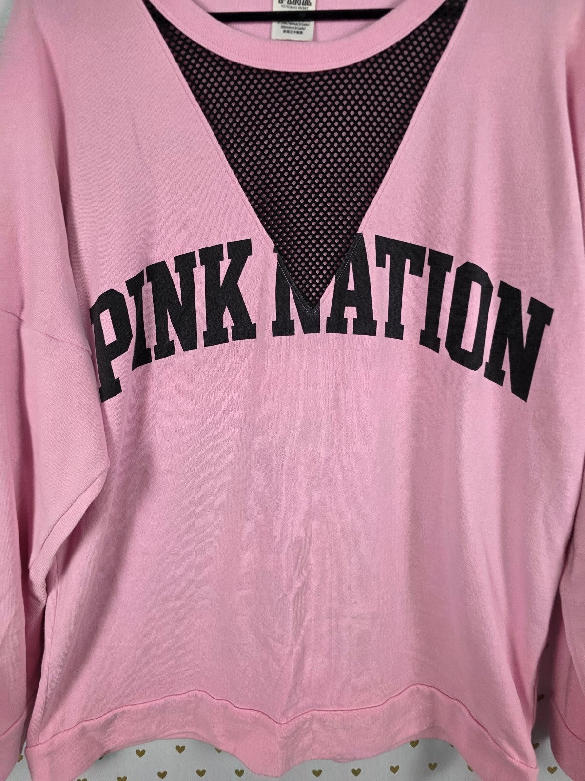 Victorias Secret PINK NATION Net V Neck Logo Sweater Shirt LARGE