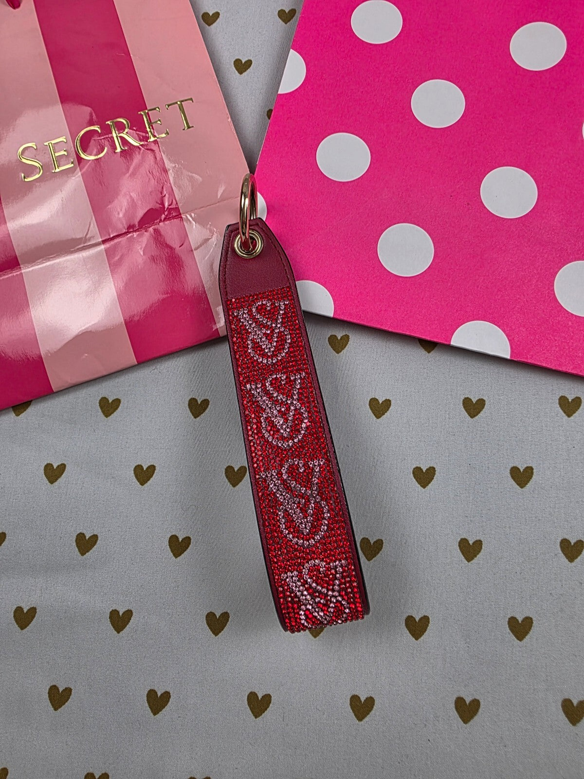 Victoria Secret BLING wristlet strap keychain Studded Rhinestone Logo Red